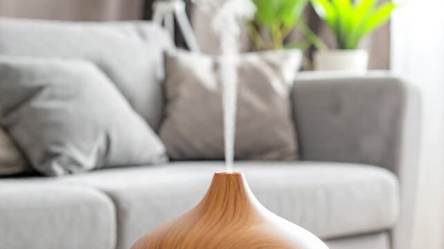 Wooden essential oil diffuser emitting fragrant vapor in a soft-focus, minimalist living room with cushions