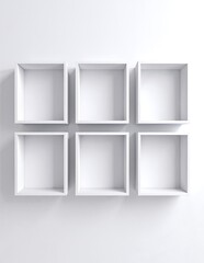 A sleek white shelf unit featuring six spacious, empty compartments, perfect for displaying books, decor, or organizing items in a modern living space.
