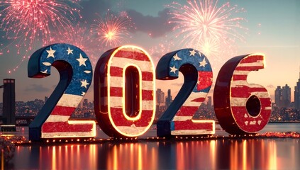 Vibrant 2026 numbers in American flag colors, illuminated by city lights and spectacular fireworks over a waterfront skyline.
