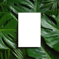 A pristine white square paper rests elegantly at the center, framed by vibrant green leaves that create a natural, fresh contrast, enhancing its simplicity.