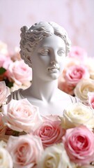 A serene white statue stands gracefully amidst a lush arrangement of vibrant pink roses, their delicate petals contrasting beautifully against the statue's smooth surface.