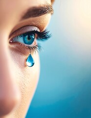 A close-up of a woman's eye, glistening with tears that cascade down her cheek, capturing a moment of deep emotion and vulnerability.