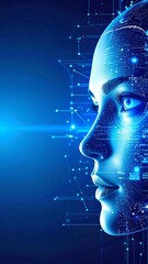 A close-up of a woman's face adorned with intricate technological elements, such as circuit patterns and glowing interfaces, blending beauty and innovation.