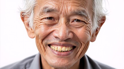 Close-up portrait of a happy elderly Asian man with white hair and a wide, joyful smile, showing his wrinkles.