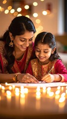 A woman and a young child sit together at a wooden table, focused on writing on sheets of colorful paper, surrounded by crayons and art supplies.