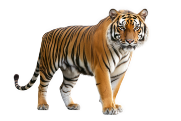 A striking tiger stands proudly, isolated on transparent background, displaying its vibrant orange and black stripes, powerful build, and intense gaze in a captivating view