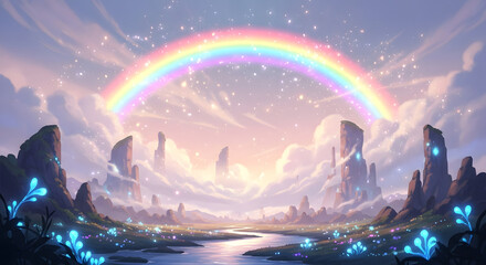 Vibrant Rainbow Arches Over a Mystical Landscape with Glowing Flora.