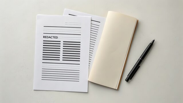 A redacted document on a flat surface with a pen beside it