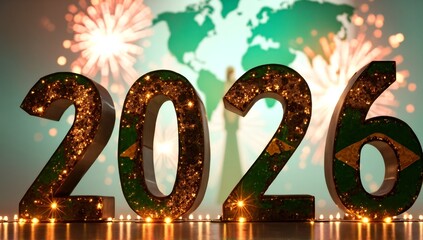 Shimmering '2026' numbers glow, illuminated by small lights. A world map and dazzling fireworks burst in the celebratory background.