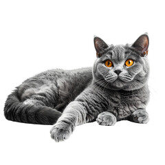 - A calm British Shorthair cat lying on its side, facing forward with gentle expression, thick plush gray fur and round amber eyes, paws stretched slightly forward, natural shadows a