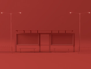 City bus stop and bicycle, street light on red background. Creative composition. Light background with copy space. 3D render for web page, presentation, studio.	
