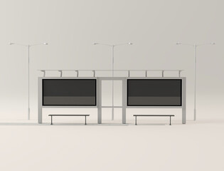 City bus stop and bicycle, street light on pastel white background. Creative composition. Light background with copy space. 3D render for web page, presentation, studio.	
