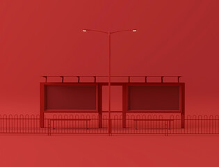 City bus stop and bicycle, street light on red background. Creative composition. Light background with copy space. 3D render for web page, presentation, studio.	
