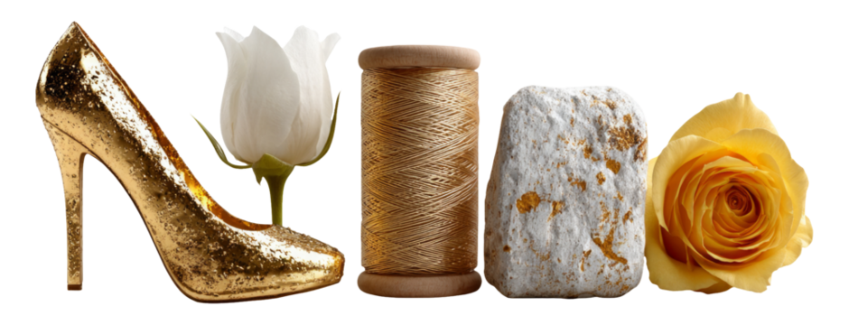 Elegant Gold Shoe with Thread and Flowers on Isolated Transparent Background