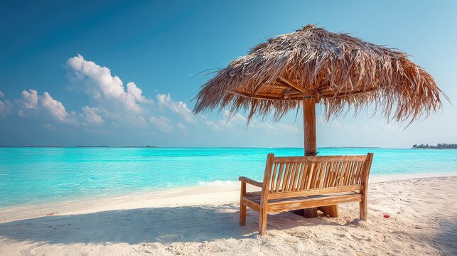 Serene beach scene with a straw umbrella and wooden bench overlooking calm turquoise ocean waters under a clear blue sky - Powered by Adobe