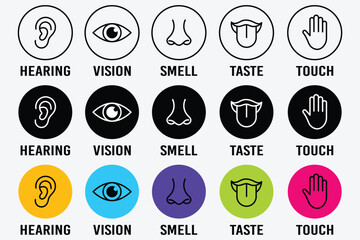 Human senses icon set. Vision eye, smell nose, hearing ear, touch hand, taste mouth with tongue. set of human five senses icon. Visual representation of human senses.