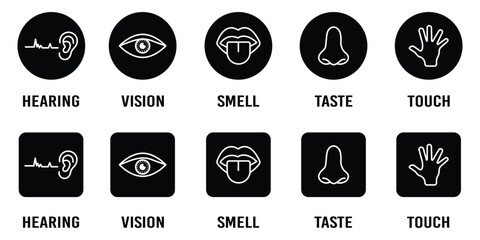 Human senses icon set. Vision eye, smell nose, hearing ear, touch hand, taste mouth with tongue. set of human five senses icon. Visual representation of human senses.
