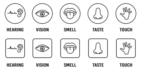 Human senses icon set. Vision eye, smell nose, hearing ear, touch hand, taste mouth with tongue. set of human five senses icon. Visual representation of human senses.