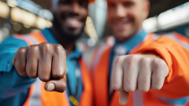 Two diverse construction or industrial workers making a fist bump, symbolizing teamwork, partnership, and successful cooperation