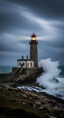 Stone lighthouse illuminated against a stormy sky with crashing waves on a rocky coastline