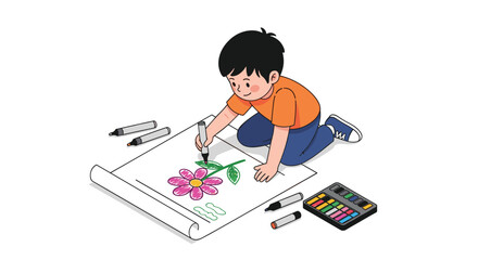 Young child happily drawing a colorful flower on a large sheet of paper with crayons and watercolors.