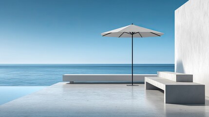 Fototapeta premium Modern Minimalist Outdoor Space with Umbrella and Sea View Under Clear Blue Sky