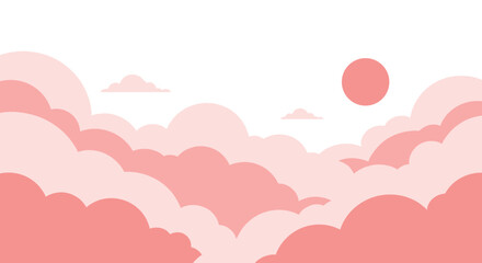 A serene pink cloudscape with a glowing sun in the distance.