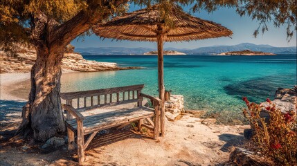 Serene Beachside Retreat with Wooden Bench and Straw Umbrella Under Clear Blue Sky