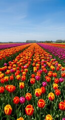 Vast field of blooming tulips in vibrant orange yellow and pink hues under a clear blue sky