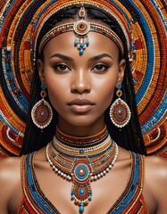Portrait of a woman, adorned in ornate jewelry, against a vibrant, concentric patterned backdrop