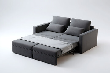 Fototapeta premium Modern convertible sofa bed with pillows, perfect for small spaces and guest rooms, showcasing clean lines and comfortable design for stylish living in apartments and homes