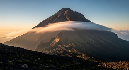 Dramatic volcanic mountain peak shrouded in low lying clouds at sunrise with sunlit slopes