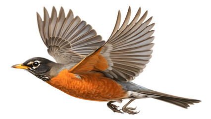 Close Up of American Robin in Flight Showing Bright Orange Breast and Feathers in Detailed Motion