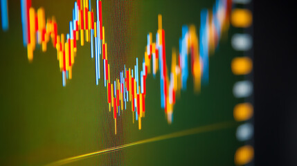 Close-up of a financial graph showcasing market trends with colorful indicators and a dynamic background for finance-related topics.