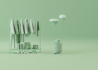 Modern scandinavian green walk in closet with wardrobe. Clothes on a hanger, storage shelf in pastel green background. 3d rendering, concept for shopping store and bedroom, studio, life style	
