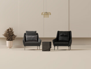 Two armchair in pastel cream and beige color. Light background with copy space. 3D rendering for web page, presentation or picture frame backgrounds, stage, fashion	