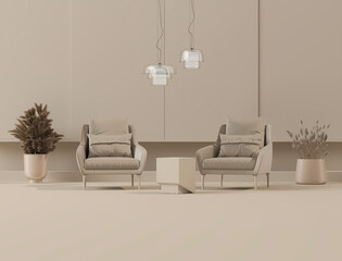 Two armchair in pastel cream and beige color. Light background with copy space. 3D rendering for web page, presentation or picture frame backgrounds, stage, fashion	