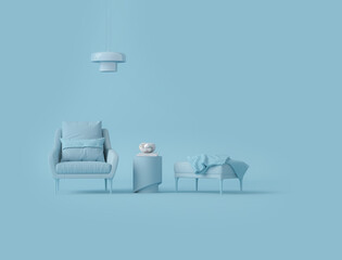 Creative interior design in pastel blue studio with lamp and two armchair 3d render
