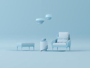 Creative interior design in pastel blue studio with lamp and two armchair 3d render

