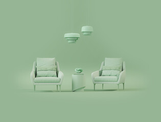 Creative interior design in pastel green studio with lamp and two armchair 3d render
