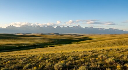 Obraz premium Rolling grassy hills bathed in golden sunlight lead to distant misty mountains under a clear blue sky