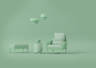 Creative interior design in pastel green studio with lamp and two armchair 3d render
