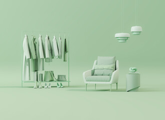Modern scandinavian green walk in closet with wardrobe. Clothes on a hanger, storage shelf in pastel green background. 3d rendering, concept for shopping store and bedroom, studio, life style	