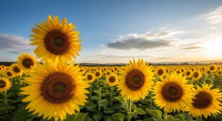 Fototapeta premium Close up of blooming sunflowers under a wide cloudy blue sky at sunset