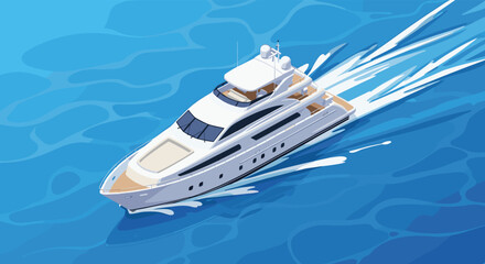 A luxurious white yacht speeds across the deep blue ocean leaving white trails.