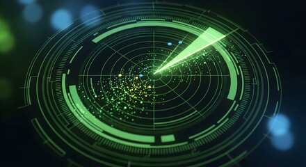 Futuristic digital radar display with green glowing concentric circles and scattered dots