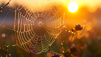 Golden spiderweb covered in morning dew at sunrise