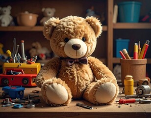 Teddy bear sits amid tools in cluttered toy room
