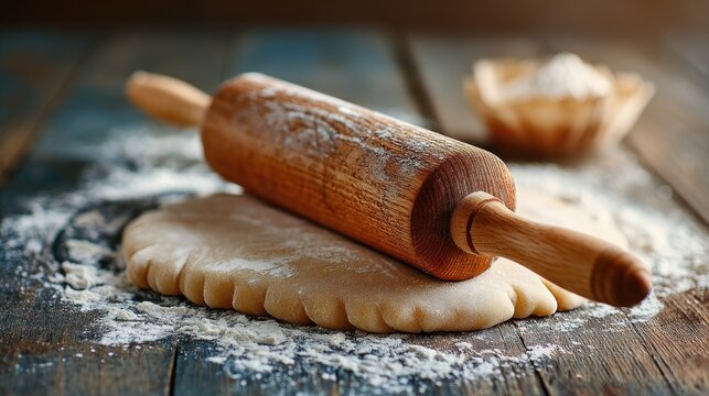 A wooden rolling pin with flour on a wooden table, with a bowl of flour in the background.