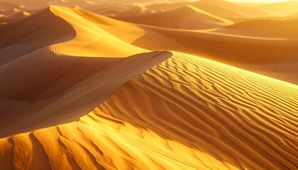 Golden Desert Sand Dunes at Sunset with Wavy Ripples